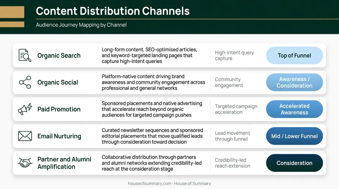 Higher ed content distribution channels mapped by audience stage and funnel position