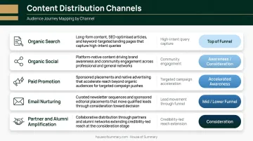 Higher ed content distribution channels mapped by audience stage and funnel position