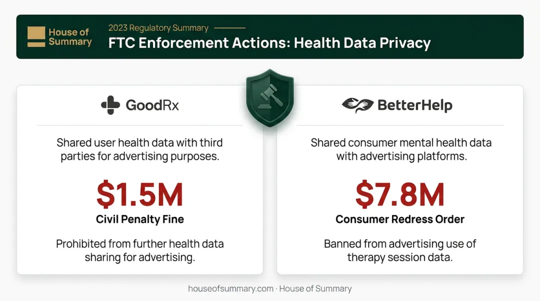 FTC 2023 healthcare data enforcement actions GoodRx BetterHelp penalties comparison infographic