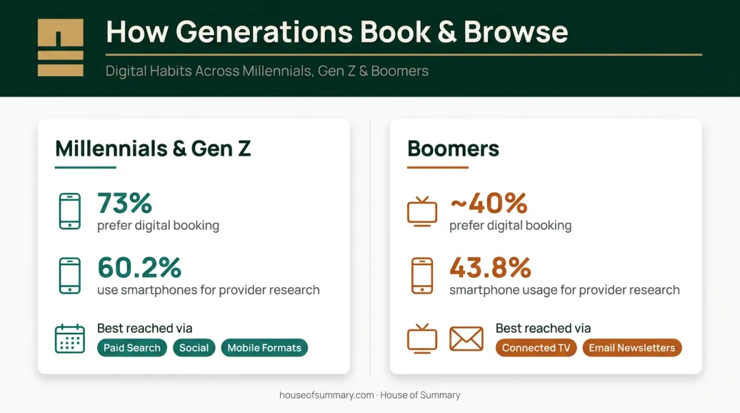 Generational healthcare channel preferences Millennials Gen Z versus Boomers comparison infographic