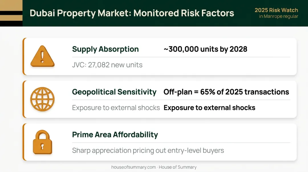 Three Dubai real estate market risks supply geopolitical and affordability comparison infographic