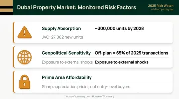 Three Dubai real estate market risks supply geopolitical and affordability comparison infographic