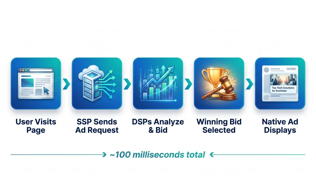 5-step programmatic native ad auction process flow in milliseconds
