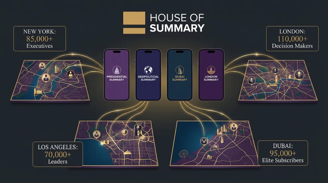 House of Summary newsletter audience reach map showing executive readership across key cities