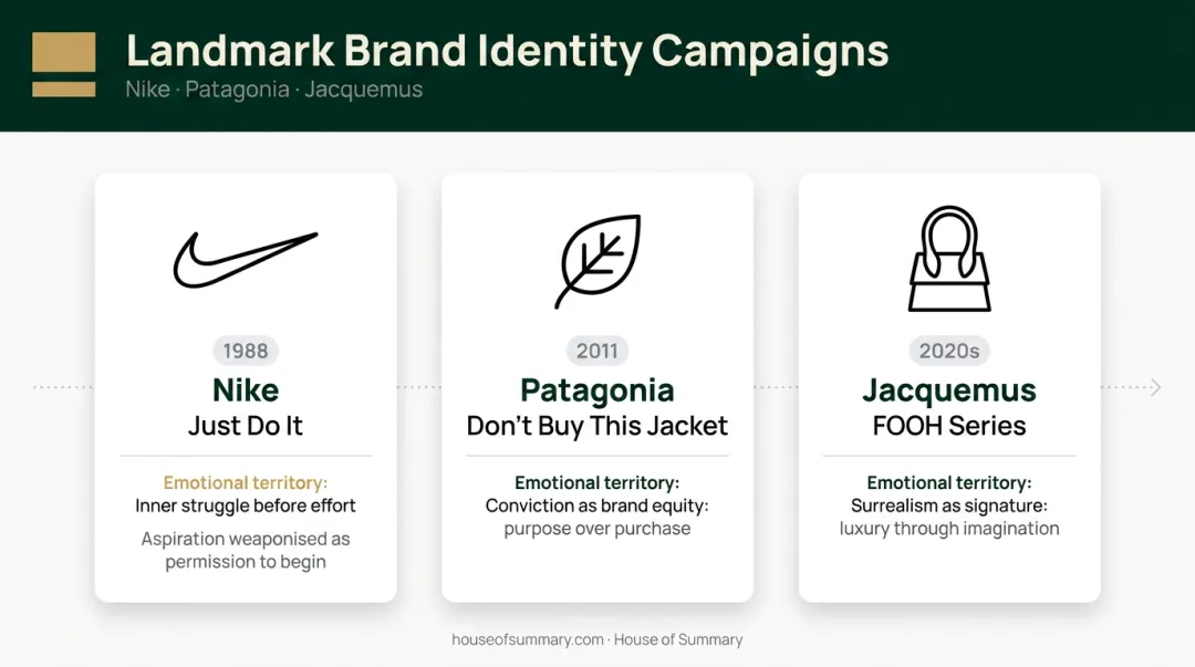 Three iconic fashion brand campaigns timeline Nike Jacquemus Patagonia identity moments