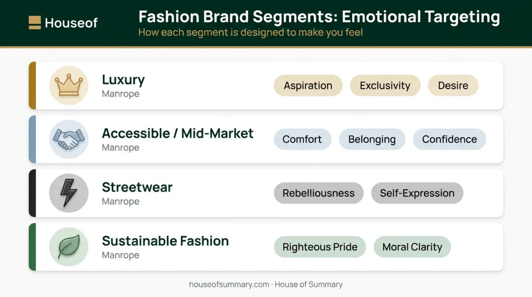 Fashion brand emotional targeting framework four segment comparison infographic