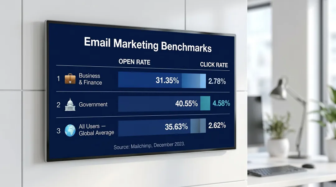 Executive newsletter open rate and CTR benchmark comparison across three industry categories