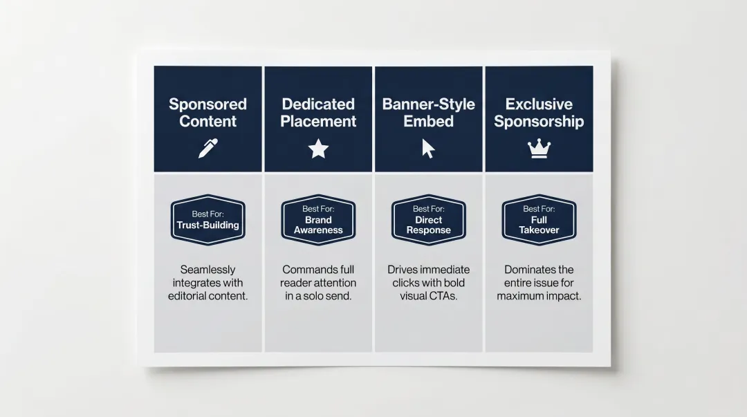 Newsletter advertising format comparison sponsored content dedicated placement exclusive sponsorship options