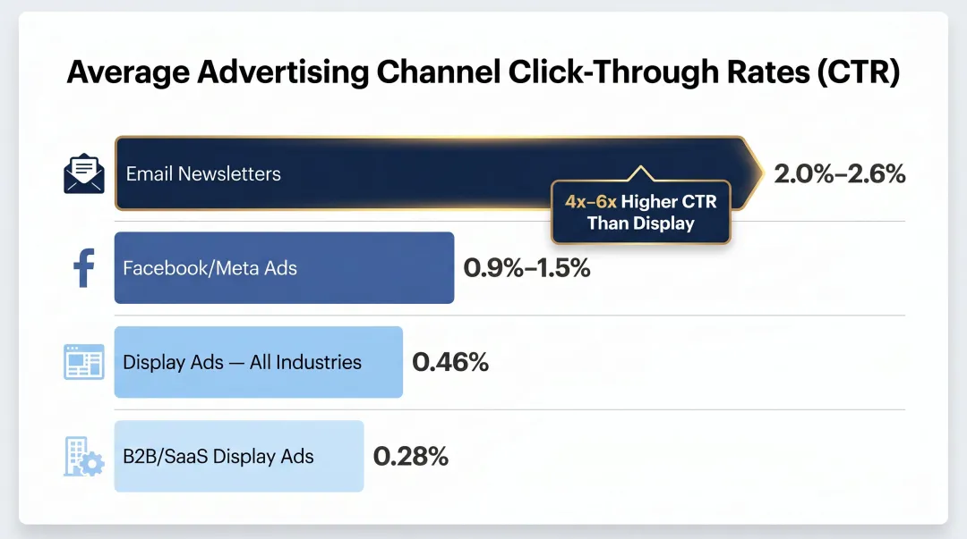 Newsletter versus display and social media click-through rate comparison chart by channel