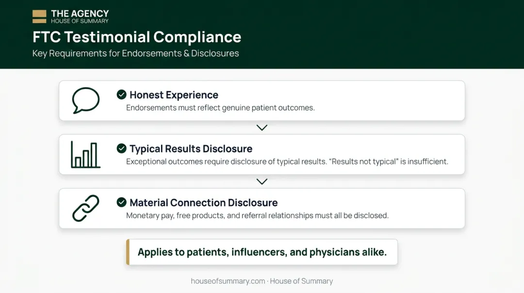 FTC patient endorsement and testimonial compliance rules three-requirement checklist infographic