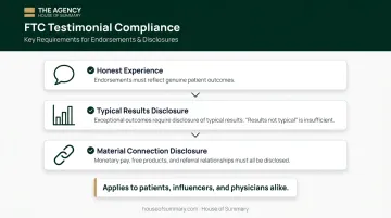 FTC patient endorsement and testimonial compliance rules three-requirement checklist infographic