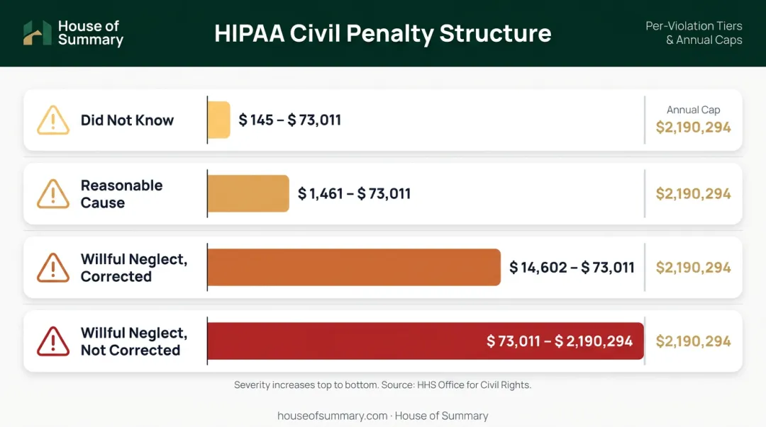 HIPAA civil monetary penalty four-tier culpability chart with per-violation ranges