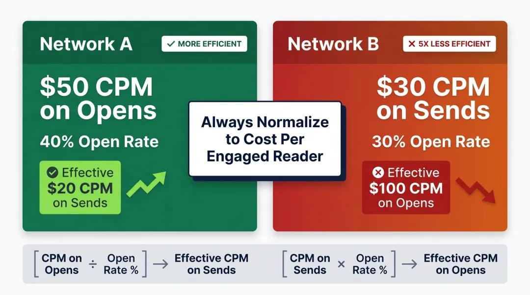 Newsletter pricing model normalization comparing CPM on sends versus CPM on opens efficiency
