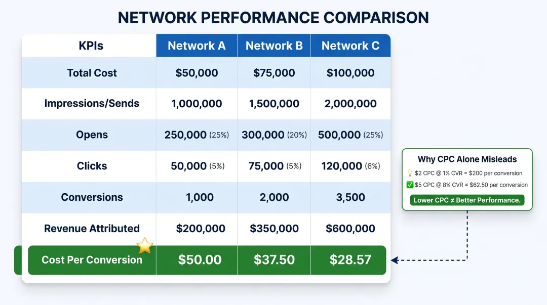 Newsletter network ROI comparison table normalizing cost per conversion across networks