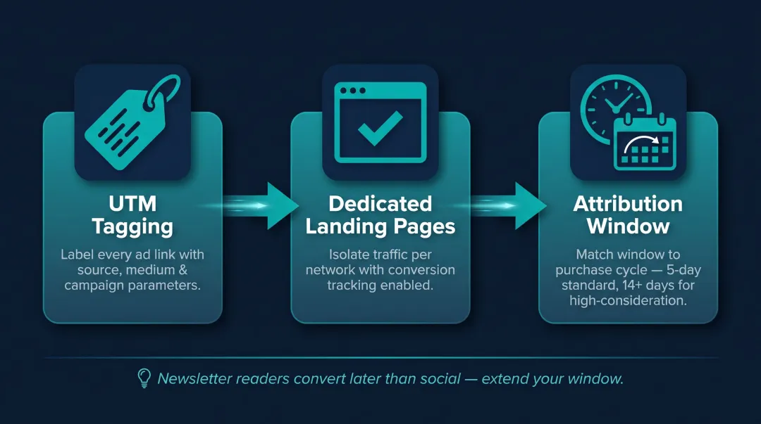 Newsletter ad revenue attribution three-step process with UTM tracking and attribution windows