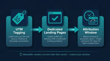 Newsletter ad revenue attribution three-step process with UTM tracking and attribution windows
