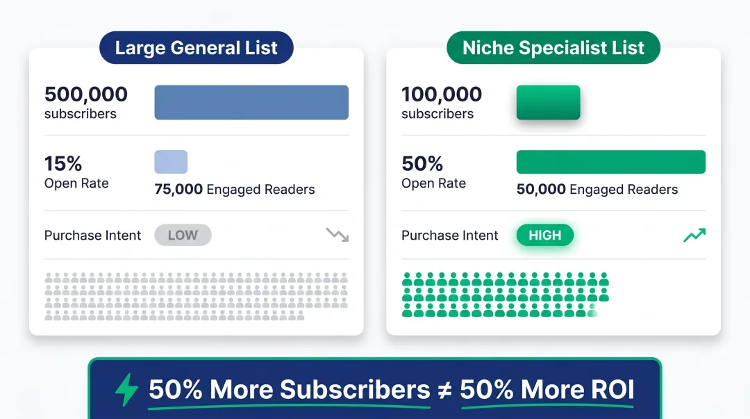 Large versus niche newsletter subscriber count versus engaged reader quality comparison infographic