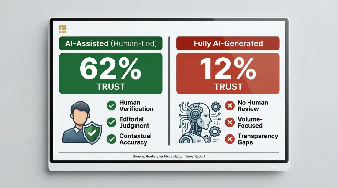 AI-generated versus AI-assisted news trust comparison infographic 62 percent versus 12 percent
