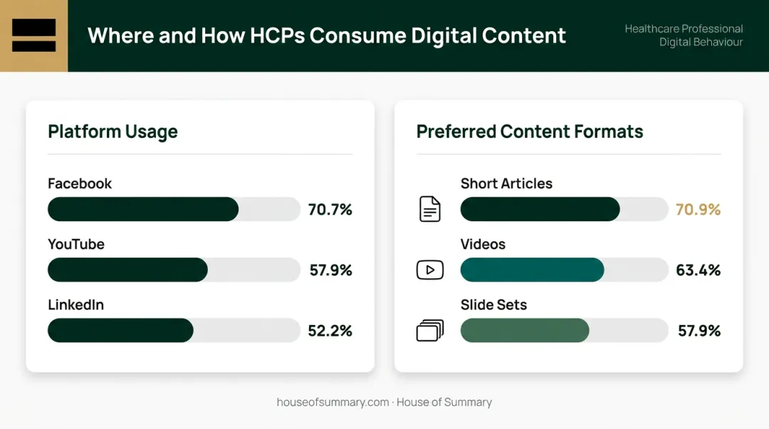 HCP social media platform usage rates and preferred content format breakdown