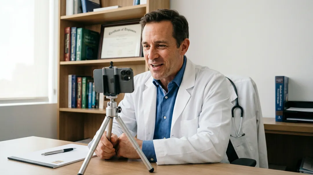 Clinician recording short-form healthcare video content on smartphone for social media