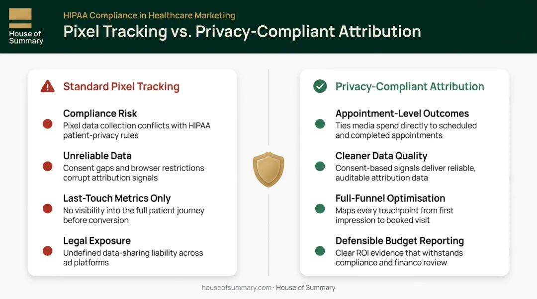 HIPAA-compliant marketing attribution benefits versus standard pixel tracking comparison