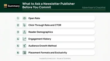 Six-point newsletter evaluation checklist for sponsored content advertisers before campaign commitment