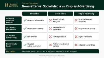 Newsletter versus social media and display advertising audience quality comparison chart