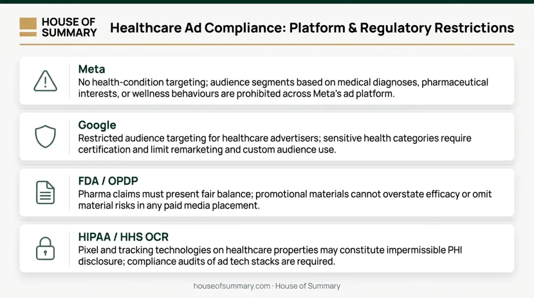 Four major healthcare advertising compliance restrictions platforms regulators infographic
