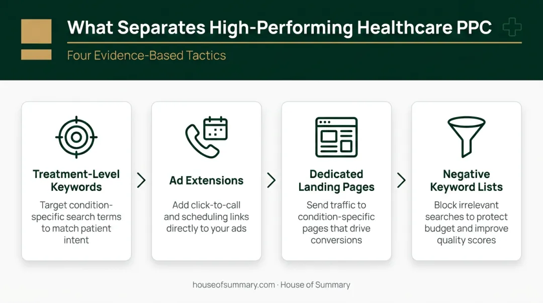Four healthcare PPC optimization tactics reducing patient acquisition cost infographic