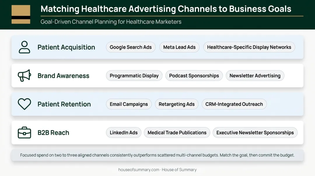 Healthcare advertising channel selection matrix matching goals to best-fit ad channels