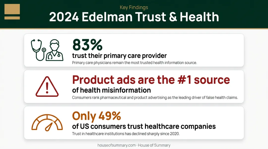 Healthcare trust statistics infographic showing 83% provider trust versus low ad trust