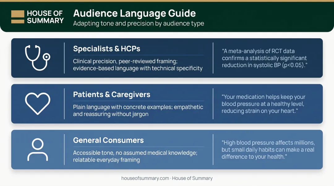 Healthcare content language guide matching tone and style to three distinct audience types