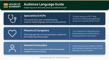 Healthcare content language guide matching tone and style to three distinct audience types