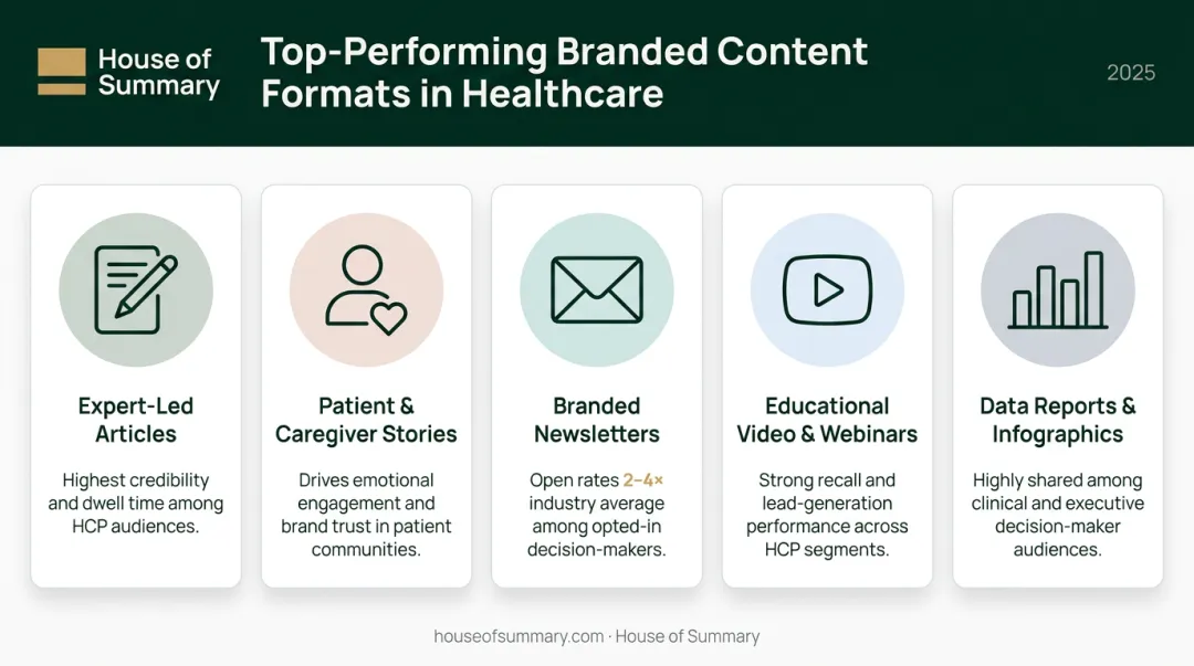 Five high-engagement healthcare branded content formats comparison infographic