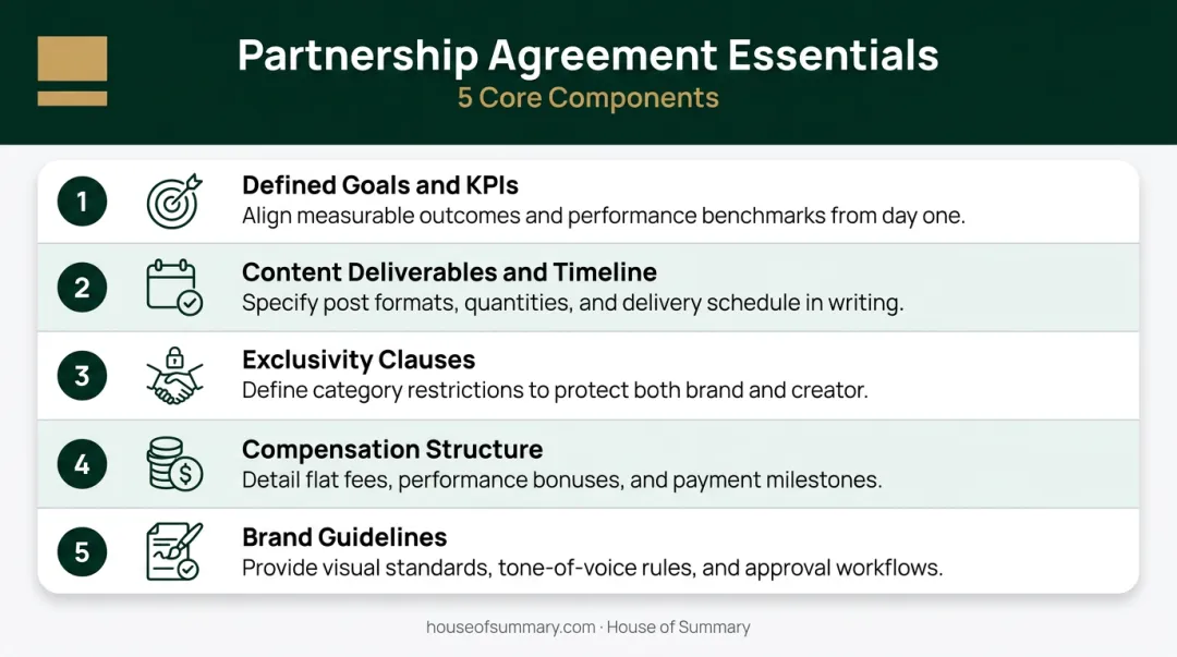 Five-element DTC partnership agreement structure checklist process infographic