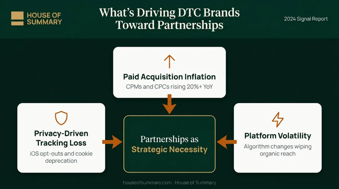 Three DTC paid acquisition pressures driving brand partnerships infographic