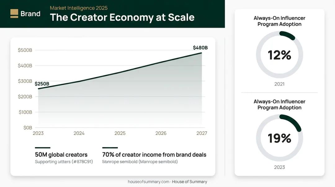 Creator economy growth projection and always-on influencer program adoption trend chart