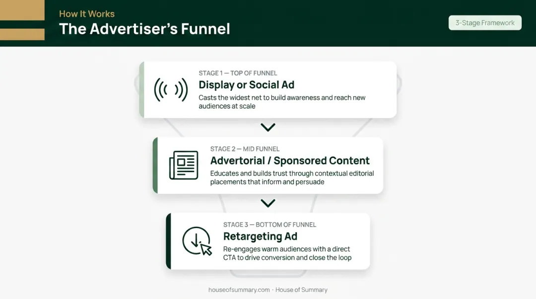 Three-stage marketing funnel combining advertorials and traditional ads across awareness to conversion
