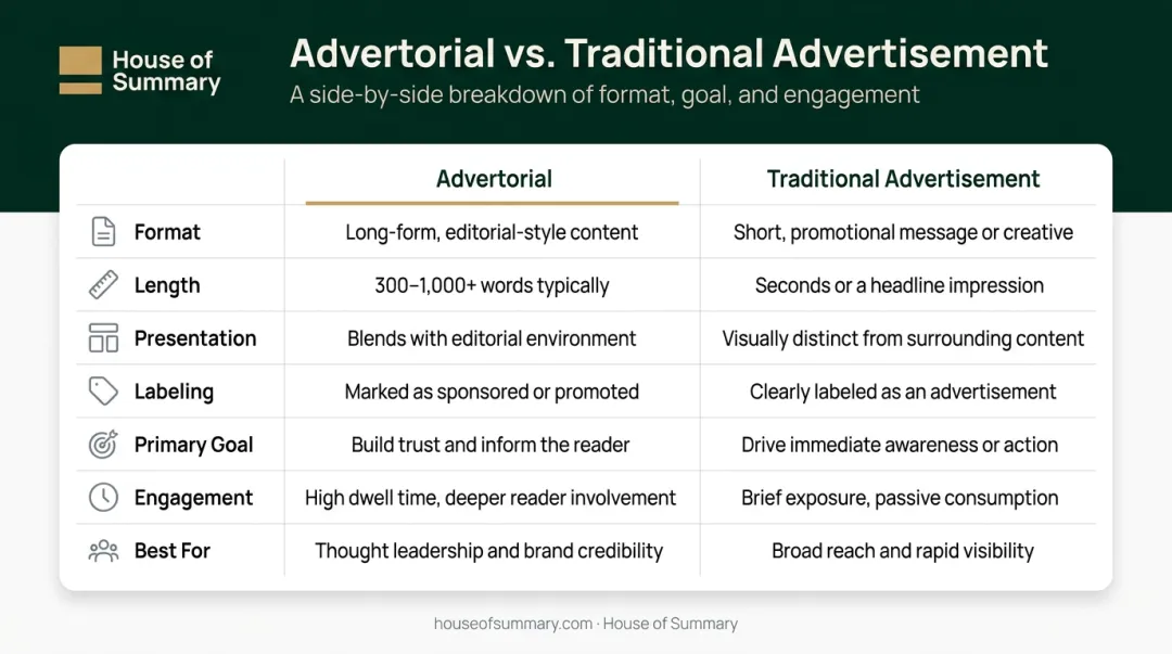 Advertorial versus traditional advertisement side-by-side comparison across seven key dimensions