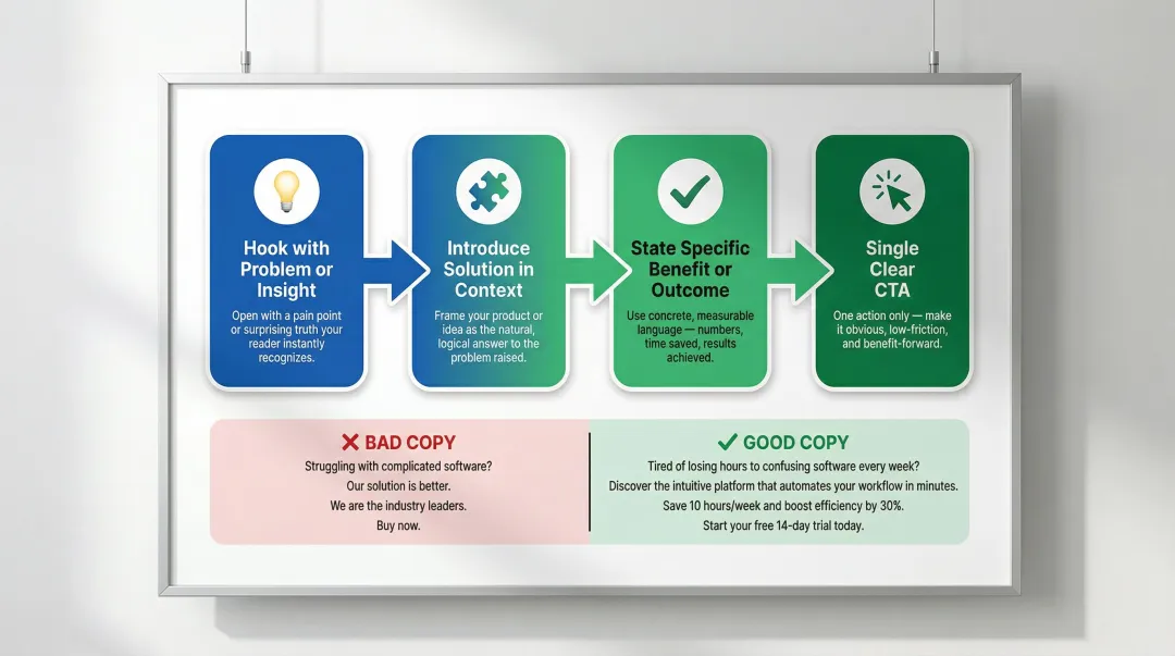 4-step newsletter ad copy writing framework from problem to CTA