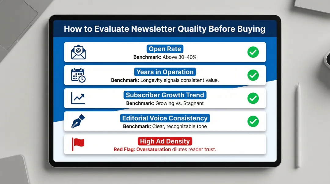 Newsletter quality evaluation checklist with four key performance indicators for advertisers