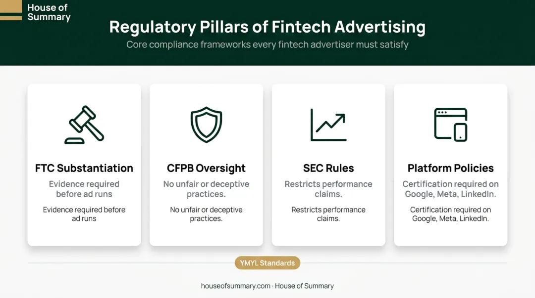 Fintech advertising regulatory framework showing FTC CFPB SEC and platform rules