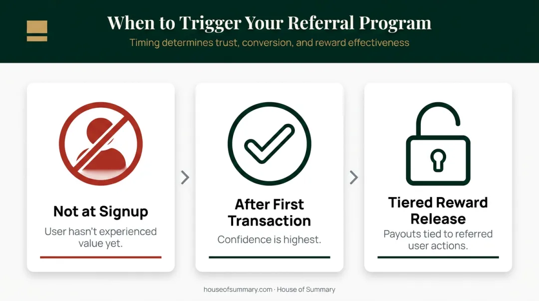 Three-stage fintech referral program trigger timing sequence infographic
