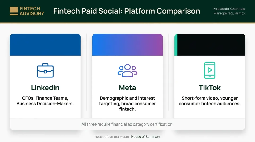 Fintech paid social channel comparison LinkedIn Meta TikTok audience and use case breakdown