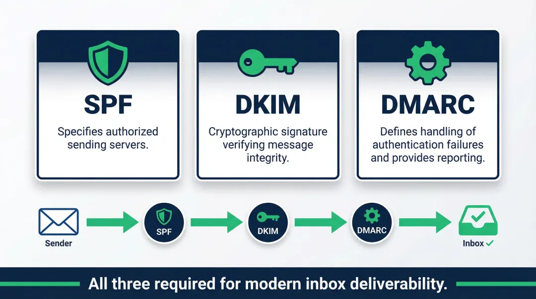 Three essential email authentication protocols SPF DKIM and DMARC explained visually