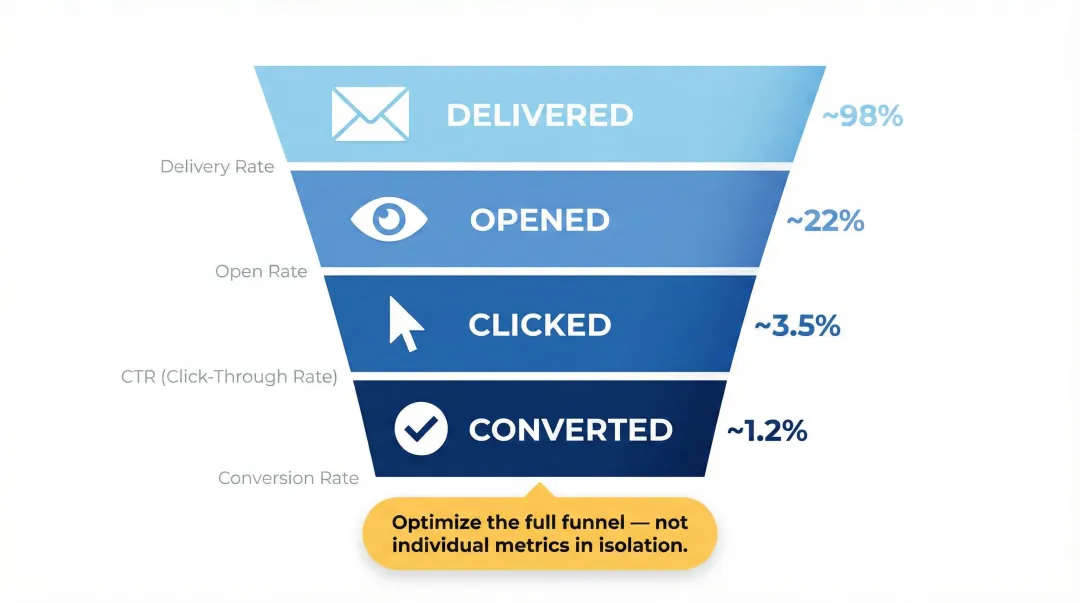 Email marketing engagement funnel from delivery to conversion with four sequential stages