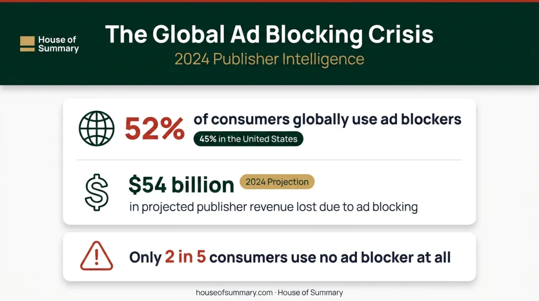 Ad blocking adoption statistics showing 52 percent global usage and revenue impact
