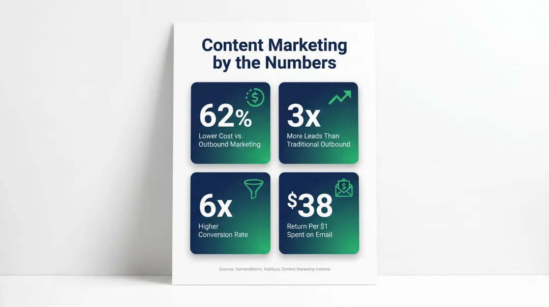 Content marketing ROI statistics showing leads cost and conversion rate advantages