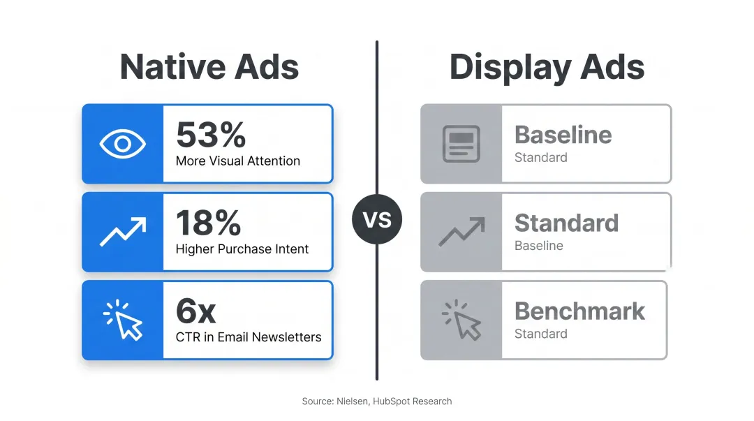 Native advertising versus display ads visual attention and purchase intent comparison infographic
