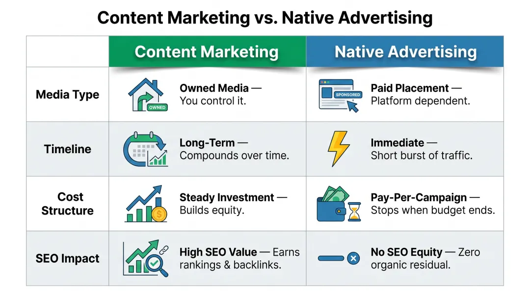Content marketing versus native advertising side-by-side strategy comparison across four key dimensions